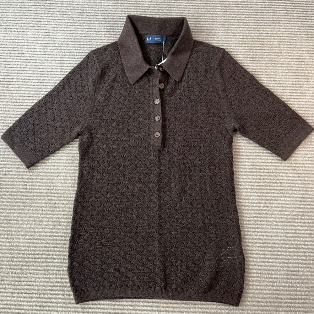 GAP Women Brown Pointelle Knit Short Sleeve Polo Sweater Wool Blend XXS NWT
